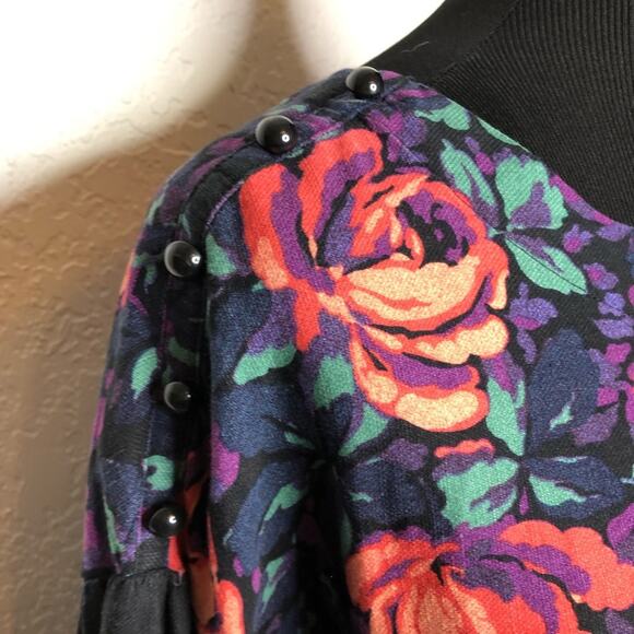 Anthropologie Maeve black pink floral balloon sleeve linen blend top size Medium - Picture 5 of 15